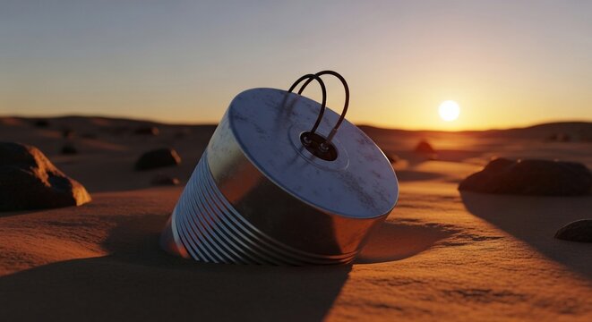 Abandoned tin can in desert landscape at sunset
