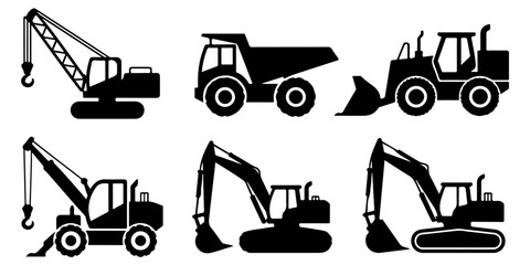 Construction machinery black silhouette icon collection featuring mobile crane, bulldozer and dump truck heavy equipment isolated on white background © MSTROUJATOUS