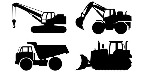 Construction machinery black silhouette icon collection featuring mobile crane, bulldozer and dump truck heavy equipment isolated on white background © MSTROUJATOUS