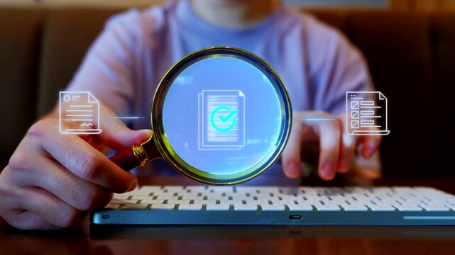 Close up of hand holding magnifying glass to inspect approved digital document icon on keyboard, Data verification and compliance concept.