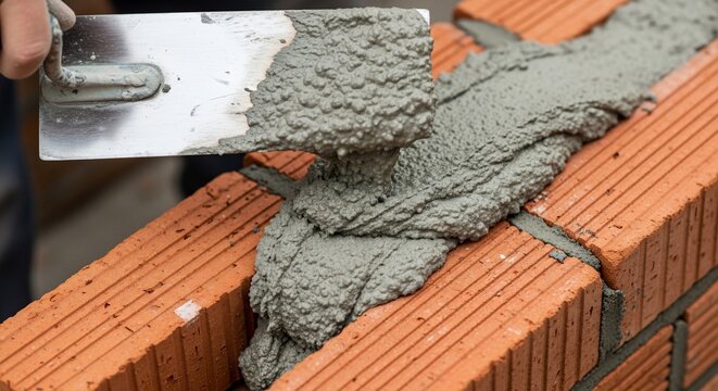 Construction worker applying mortar to brick wall with trowel