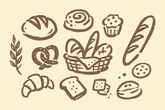 Bakery Bread Doodle Set Hand Drawn Vector Illustration