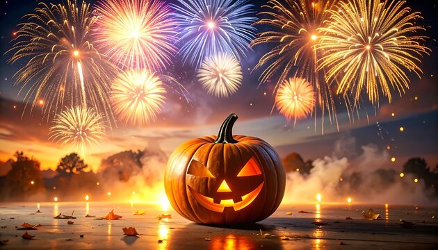 Jack-o-lantern pumpkin glowing with carved face in front of colorful fireworks and autumn leaves, celebrating Halloween and fall festival, outdoor night scene