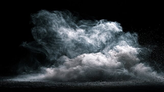 Cloud of white smoke or powder exploding on a black background