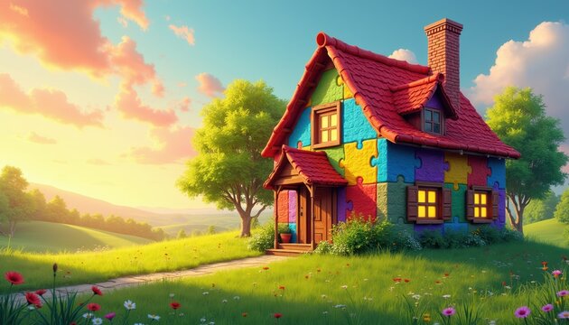 Colorful house constructed from puzzle pieces in sunny meadow. Vibrant building with red roof, brick chimney stands on green grass hill. Peaceful rural landscape with trees and flowers.