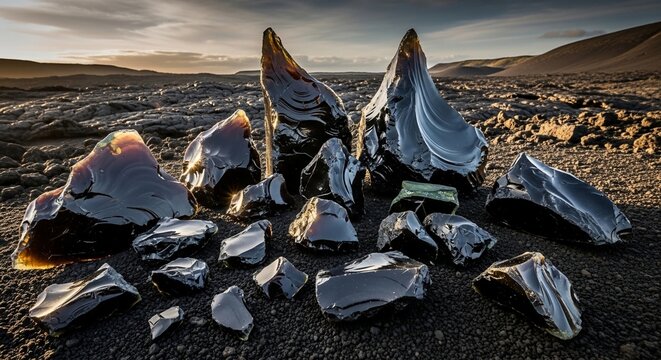 Black volcanic glass rocks on dark lava sand landscape