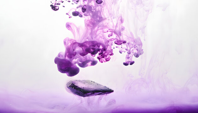 Macro view of a potassium permanganate crystal dissolving in water creating vibrant purple swirling plumes and chemical fluid diffusion