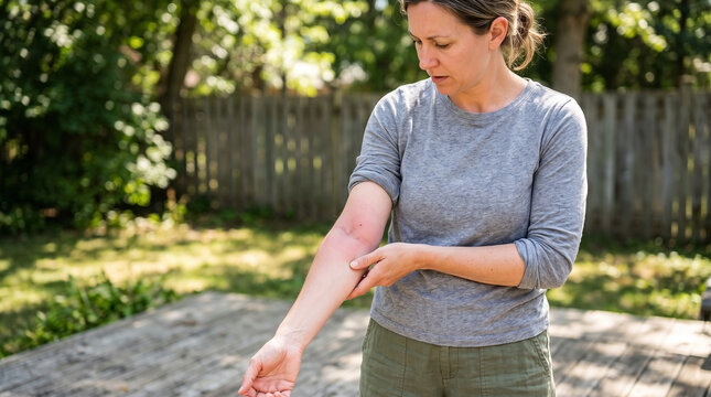 Woman examining insect bite swelling on her forearm, displaying skin irritation and discomfort. Visible insect bite swelling shows redness, providing clear image of skin reaction.