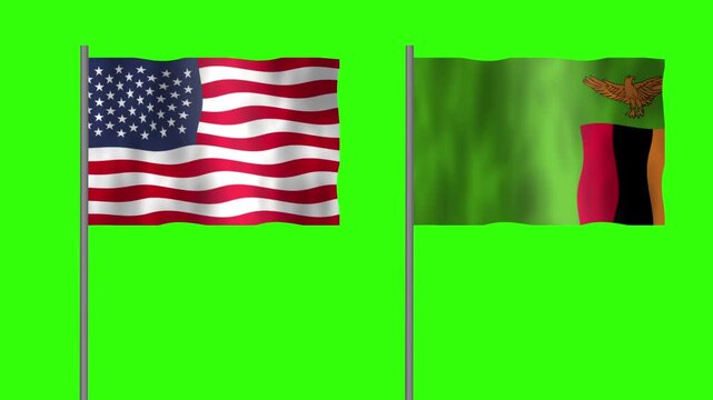 Flag of Zambia and USA, Pole flag of Zambia and USA on Green screen chroma key, Zambia and USA flag waving.
