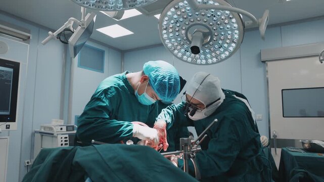 Wide view of an experienced surgical team performing a complex organ transplant procedure inside a modern operating room. Bright operating lights, sterile conditions, and coordinated teamwork 