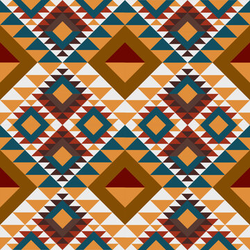 Seamless Aztec triangle mosaic pattern in teal orange and maroon