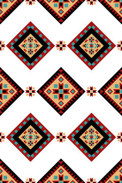 Navajo kilim diamond medallion pattern in red black and teal