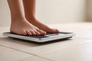 Fototapeta premium Person standing on weight scale to check body weight in bathroom
