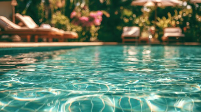 Rippling pool water with lounge chairs and umbrellas