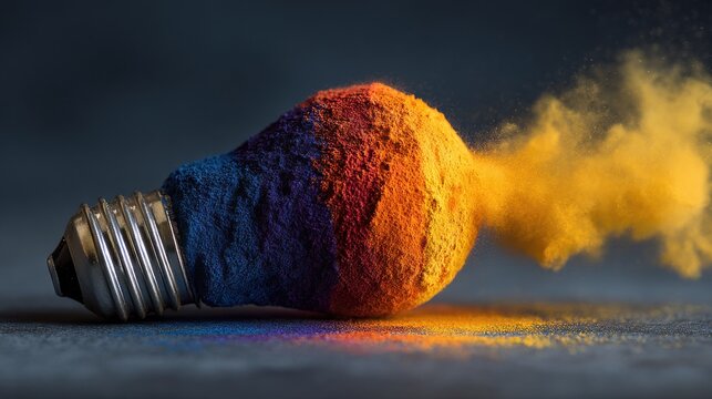 Creative concept of an exploding light bulb covered in colorful vibrant powder