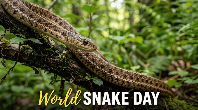 World Snake Day tree canopy background with long patterned python snake crawling along thick jungle tree branch