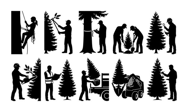 Forestry Worker Silhouette Set Professional Tree Care Poses