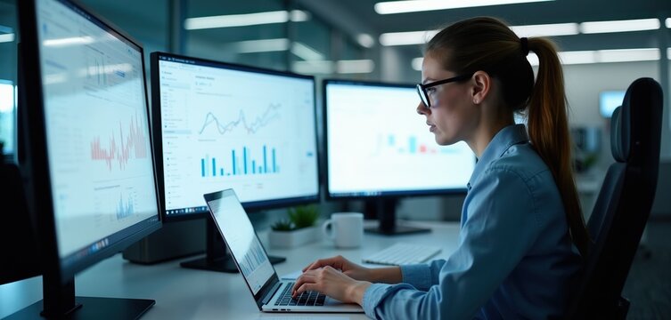 Woman analyst works with financial charts on multiple computer screens. She types on laptop keyboard in modern office. Data analysis involves graphs and statistics. She is focused on her work.