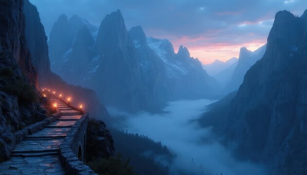 Stone path with torches leads up mountain cliffs overlooking foggy valley at sunrise. Dramatic blue peaks, soft clouds, and a sense of adventure and discovery.