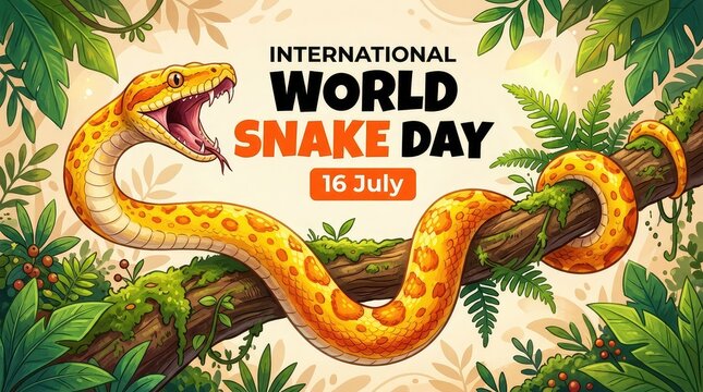 International World Snake Day illustration with fierce orange yellow serpent open mouth hissing on tropical branch