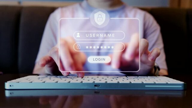 Close-up of a person typing on a keyboard to log in with a secure digital interface overlay, representing cyber security, data privacy,