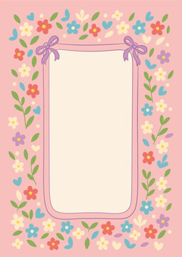 Spring Floral Frame Border with Colorful Flowers and Bows &ndash; Cute Invitation Template