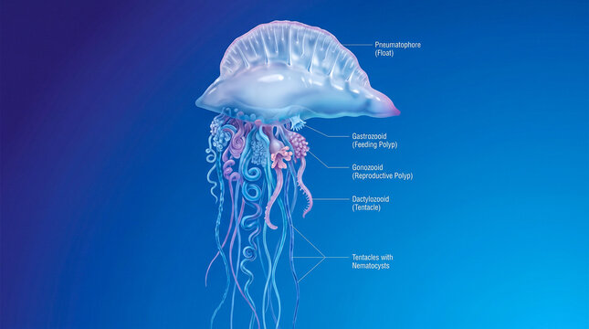 Ilustraci&oacute;n cient&iacute;fica hiperrealista de una Physalia physalis mostrando el flotador, los p&oacute;lipos y los largos tent&aacute;culos con etiquetas anat&oacute;micas discretas. Fondo azul degradado limpio.