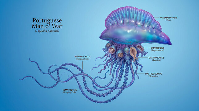 Ilustraci&oacute;n cient&iacute;fica hiperrealista de una Physalia physalis mostrando el flotador, los p&oacute;lipos y los largos tent&aacute;culos con etiquetas anat&oacute;micas discretas. Fondo azul degradado limpio.