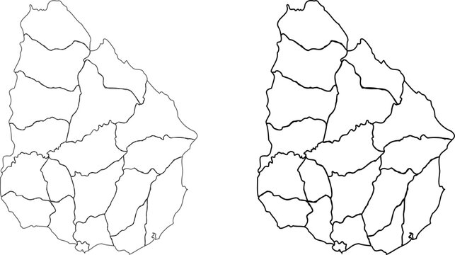 Uruguay Map Set Outline Regions Black and White Vector Illustration