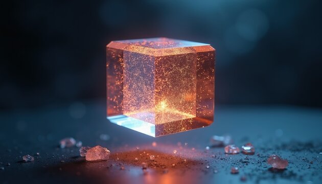 Floating geometric cube object emits light. Internal energy particles pulse within crystal structure. Futuristic technology concept visualized, abstract.