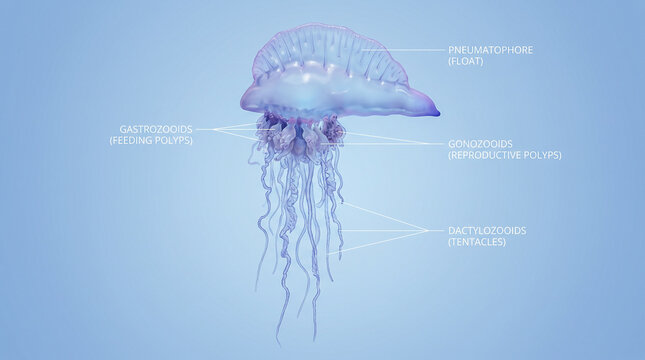 Ilustraci&oacute;n cient&iacute;fica hiperrealista de una Physalia physalis mostrando el flotador, los p&oacute;lipos y los largos tent&aacute;culos con etiquetas anat&oacute;micas discretas. Fondo azul degradado limpio.
