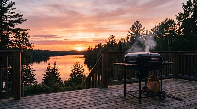 BBQ grill on wooden deck overlooking serene lake at sunset with trees