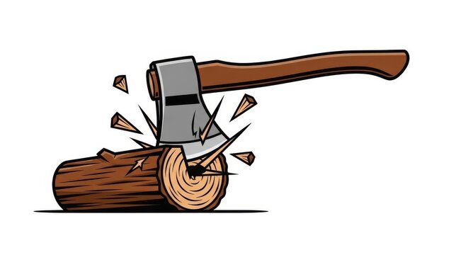 Axe chopping a wooden log with chips flying creating dynamic motion and showing power of tool in outdoor setting for firewood.