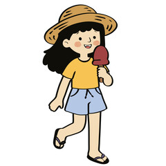 Smiling Little Girl Eating Ice Cream During Summer Vacation Isolated PNG Transparent Background