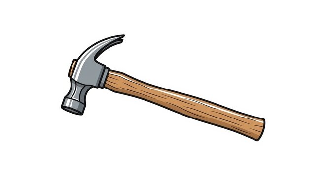 A detailed illustration of a claw hammer with a wooden handle and a metallic head on a white background.