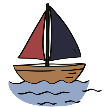 Small Wooden Sailboat Floating on Ocean Waves Isolated PNG Transparent Background

