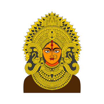Traditional Hindu Goddess Durga Face with Ornate Golden Crown Vector Illustration