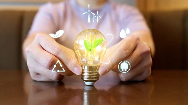 Close-up of hands holding a glowing eco light bulb with a green plant inside and renewable energy digital icons, representing sustainability and clean green technology.