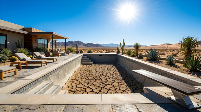 Surreal landscape photo of a luxury swimming pool completely filled with dry cracked desert earth.