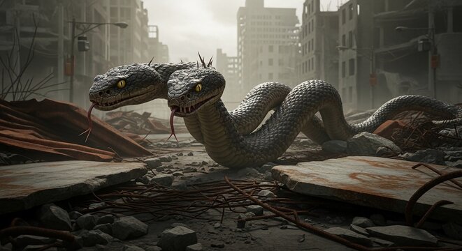 Two headed snake in post-apocalyptic cityscape with rubble and debris