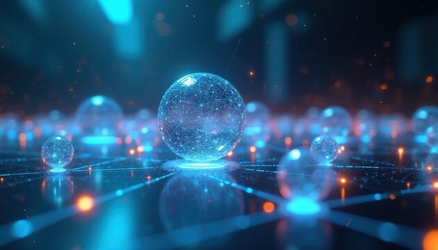 Digital network connections with glowing nodes form abstract spheres. Futuristic technology background with data streams, bright light and particles.