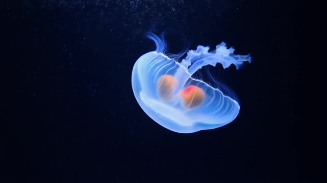 漆黒の水中で半透明の軟体生物が翼状の足を広げ青白く発光する場面