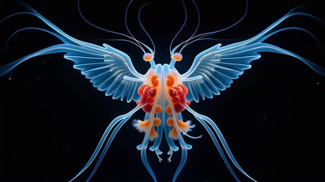 透明な深海生物が翼状の足を左右に広げ青白い発光と赤橙の器官を見せる場面