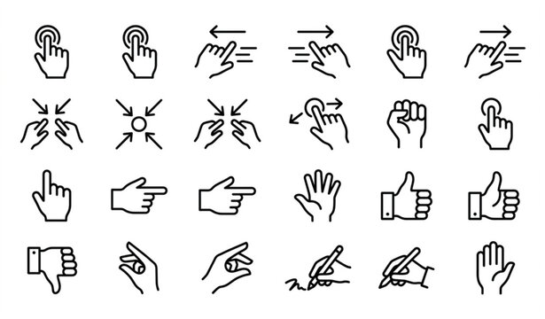 Minimal black and white hand icons pack with touch gestures click navigation and communication symbols vector isolated on white background