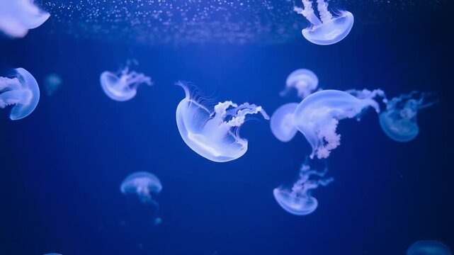 青い水槽で多数の小型クラゲが半透明に発光し静かに均等に漂う場面