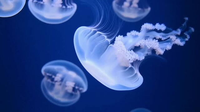 複数のクラゲが青い水中で淡く発光し丸い傘と短い触手を揺らす場面