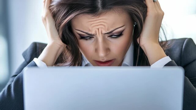 A young woman in an office setting appears overwhelmed while sitting in front of her computer. She has a worried expression on her face and is holding the side of her head with one hand.
