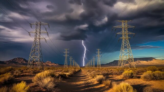 送電鉄塔の列に白く発光する落雷が走り砂漠と雷雲を劇的に照らす場面