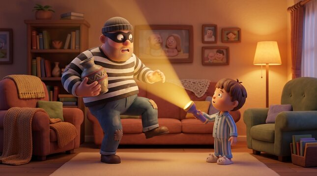 Generative AI 3D cartoon style render of a surprised burglar being caught by a little boy shining a flashlight in a living room.