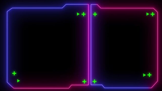 Futuristic hud interface elements with glowing neon Blue and Pink borders and digital data displays. Futuristic hud frame border concept, screen overlay.